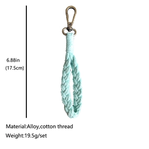 Handmade bohemian mint cotton rope keychain with bronze clasp, length 17.5cm and 19.5g weight