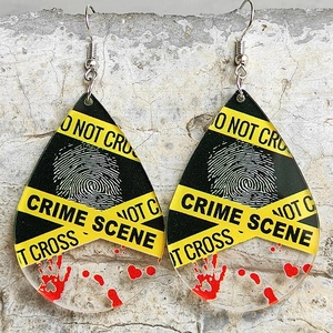 Spooky Halloween crime scene acrylic earrings with bloody fingerprints and warning tape