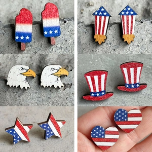 Patriotic American Flag Wooden Stud Earrings Red White Blue Star Heart Eagle Rocket Design Independence Day Women Jewelry