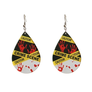 Teardrop acrylic Halloween earrings with red bloody handprints and crime scene text