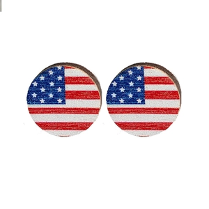 Pair of round wooden earrings with American flag design for Independence Day