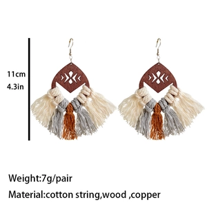 Bohemian handmade tassel earrings with geometric wood cutout and cotton fringe 11cm