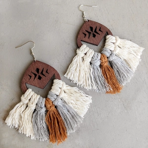 Bohemian Handmade Woven Fringe Drop Earrings Wood Geometric Hollow Design Cotton Tassel Ethnic Style Jewelry For Women