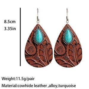 Boucles d'oreilles western en cuir gaufré avec pierre turquoise en forme de goutte