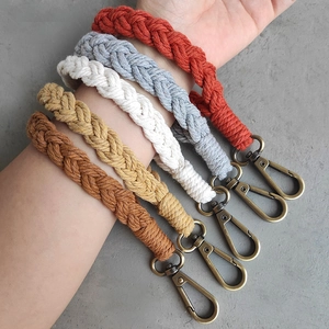 Handmade Braided Macrame Keychain Bohemian Cotton Rope Wristlet With Alloy Lobster Clasp Wood Tag For Bag Accessories