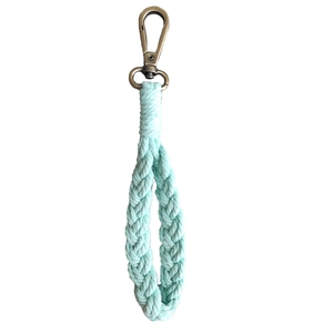 Handmade mint green macrame keychain with bohemian cotton rope and bronze lobster clasp