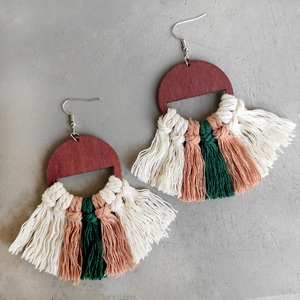 Handmade bohemian fringe earrings with red-brown wood semicircle and colorful cotton tassels