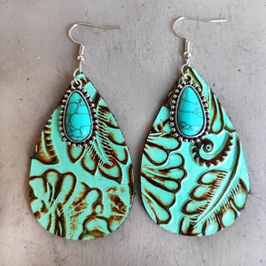 Boucles d'oreilles pendantes en cuir gaufré style vintage avec pierre turquoise