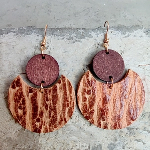 Bohemian vintage leather and wood drop earrings with textured round pendants in earth tones