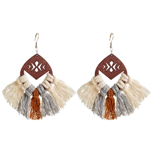 Handmade bohemian fringe earrings with geometric wood pieces and cotton tassels