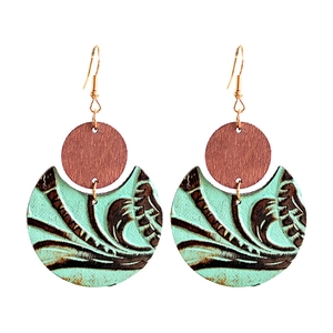 Vintage western leather earrings with round wood and crescent embossed leaf pattern