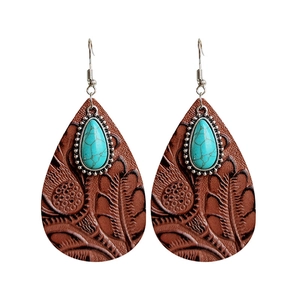 Boucles d'oreilles western en cuir avec pierre turquoise et relief gaufré rétro