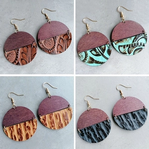 Bohemian Round Wood And Genuine Leather Splicing Drop Earrings Vintage Geometric Texture Western Style Handmade Jewelry For Women