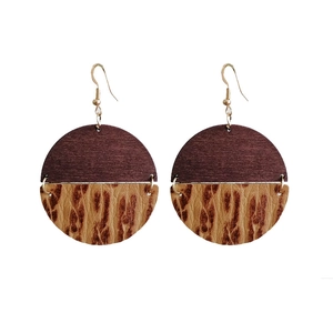 Bohemian geometric wooden and leopard print leather drop earrings with gold fishhooks