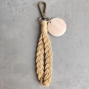 Handmade bohemian cotton rope keychain with wooden charm and vintage metal hook