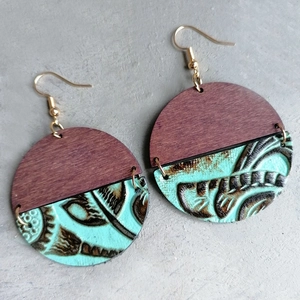 Bohemian geometric earrings with dark wood and turquoise floral textured leather