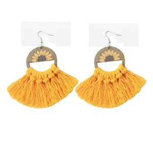 Bohemian sunflower wooden earrings with bright yellow woven tassel fringe