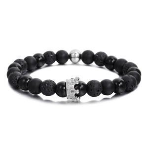 8mm Lavastein und matte schwarze Perlenarmband mit silberner Krone für Damen und Herren