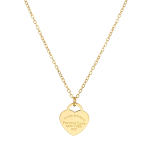 Golden stainless steel heart pendant necklace with Forever Love engraving on O-chain