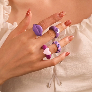 Colorful retro handmade clay rings set with heart, lips and yin yang symbols for women