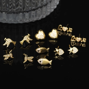 Orecchini a Bottone in Rame E Zircone Moda Europea Oro Cuore Croce Amore Uccello Fata Pesce Stella Luna Gioielli Donna
