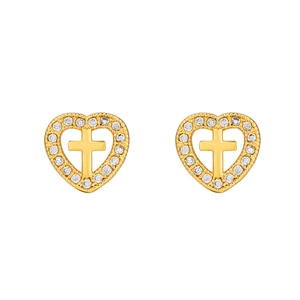 Orecchini a cuore dorati con croce in zirconia e design minimalista traforato