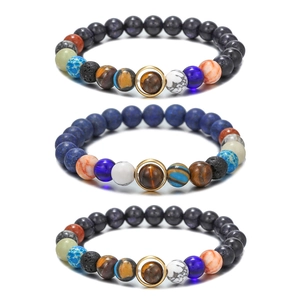 Set de bracelets système solaire en pierre volcanique et perles de lapis-lazuli