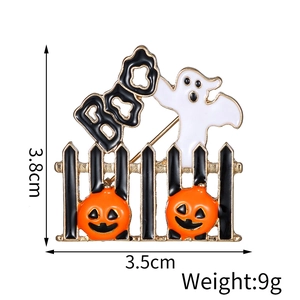 Halloween BOO brooch with ghost and orange pumpkins, gold-toned enamel pin 3.8x3.5cm