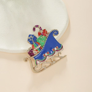 Exquisite Christmas sleigh brooch with colorful enamel gifts and sparkling rhinestones