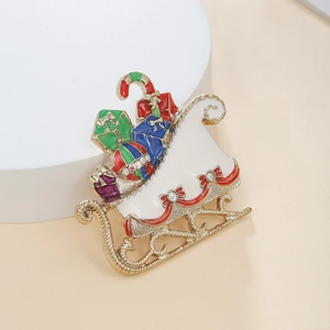 Enamel Christmas sleigh brooch with colorful gifts and rhinestones on gold alloy base