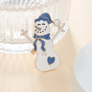 Christmas snowman brooch in gold alloy with blue and white enamel for winter holidays