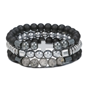 Men's map stone and matte black bead bracelet set with silver cross pendant