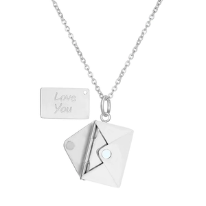 Polished stainless steel envelope necklace with a Love You engraved removable metal card