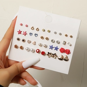 20-piece vintage star and pearl stud earring set with diverse colorful geometric designs