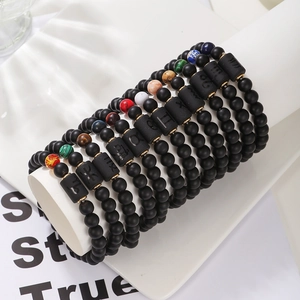 Set de pulseras de los 12 signos del zodiaco con cuentas de ágata negra y charms elásticos
