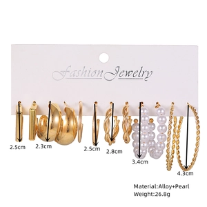 Detailed set of 6 vintage gold alloy hoop and pearl earrings with dimension markings