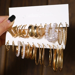 Vintage Alloy Geometric Hoop Earring Multi Style With Faux Artificial Pearl Stud Earrings Women Fashion Jewelry Accessories Gold Silver