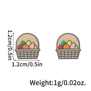 Detail view of 1.2cm Easter basket wooden stud earrings with colorful eggs and dimensions