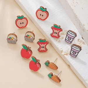 Cartoon Wooden Stud Earrings Set Cute Easter Apple Carrot Coffee Cup Pattern Handmade Jewelry Earrings For Women Kids