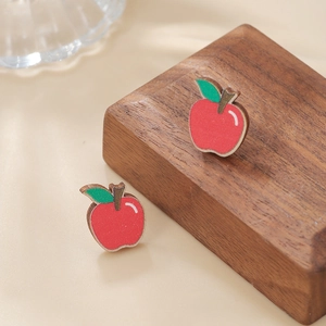 Cute red apple wooden stud earrings for children featuring green leaf and brown stem detail