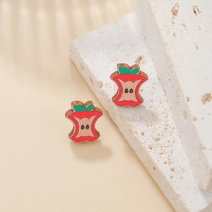 Creative wooden apple core stud earrings for Easter with vibrant red and green details