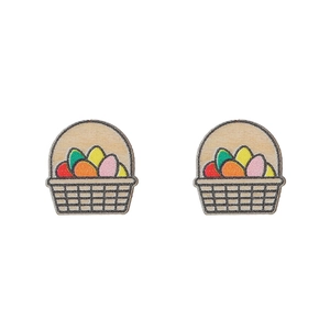 Detail view of colorful Easter egg basket wooden earrings with vibrant hand-painted details