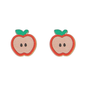 Close-up of red apple wood earrings with detailed green leaves and textured flesh finish