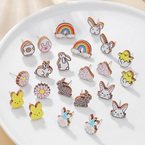 Pendientes de Madera Animales de Dibujos Animados para Mujeres Niños Lindo Conejo Pollito Arco Iris Joyería de Pascua Poste Titanio