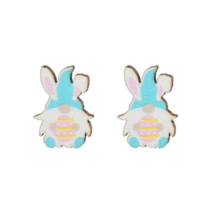 Pendientes de madera de gnomo de Pascua con orejas de conejo y huevo de rayas de colores