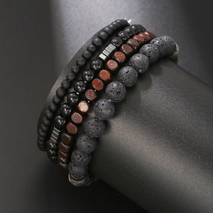 Men's 4-piece beaded bracelet set with volcanic stone hematite and wood beads