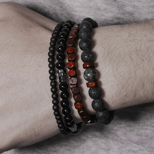 Multi-layer men's bracelet set with matte volcanic stone, wooden beads and metallic charms