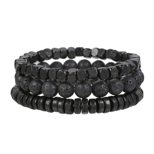 3-piece set of matte black lava rock and disc beaded bracelets for men in hip hop style