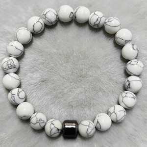 Minimalist 8mm white turquoise beaded bracelet with black marble texture for men