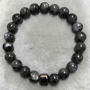 Macro detail of natural stone beads with smooth texture and black metal spacer bead